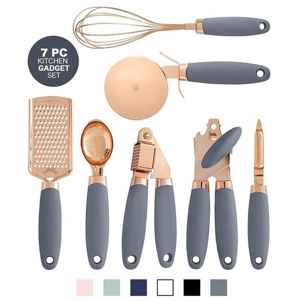 Aayat Mart 0 7-Piece Kitchen Gadgets Set Copper Coated Stainless Steel Utensils with Soft Touch Handles, Garlic Press Whisk Cheese Grater